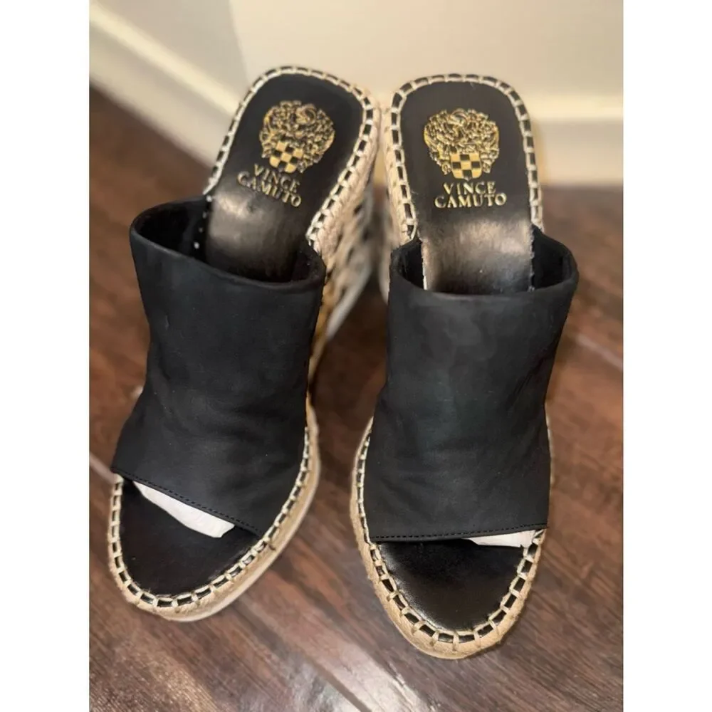 Vince Camuto Brissia Black Leather Espadrille Wedge Mules Sandals Size 9M/40 EUC